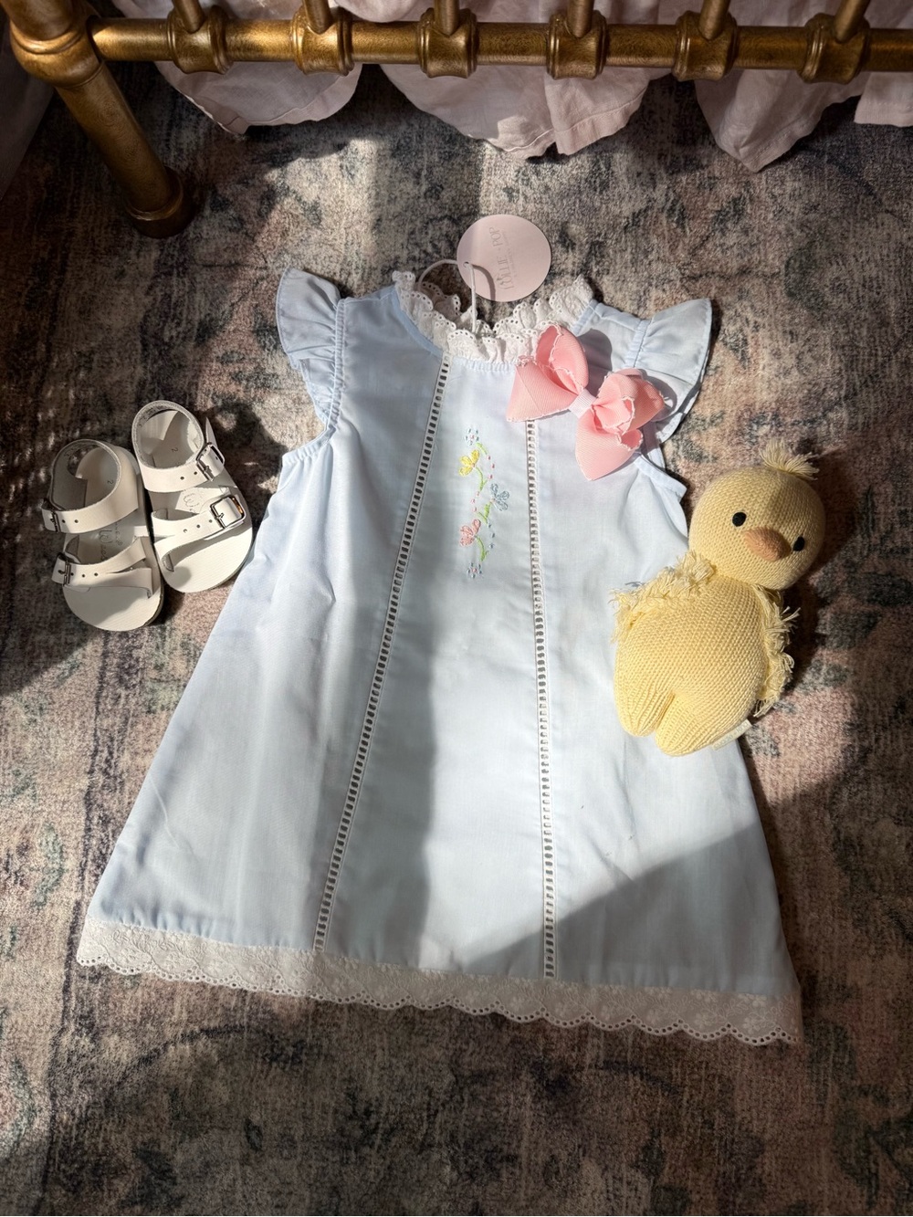 Floral embroidered powder blue slip dress with lace trim and butterfly sleeve